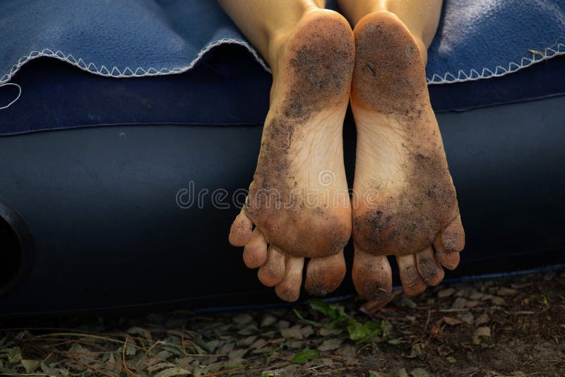 Dirty Feet in the Ground of a Barefoot Girl Close Up Stock Photo - Image of feet, dirty: 194710736