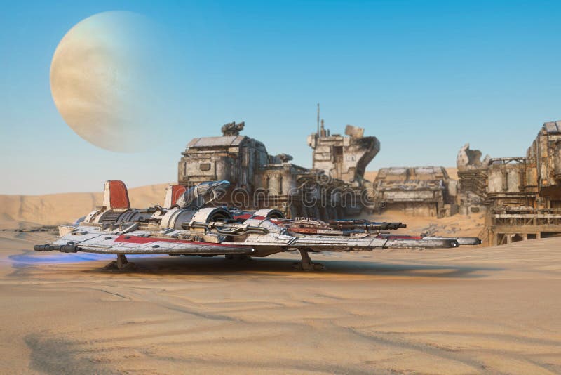 Dirty fighter space ship on a remote desert alien planet. 3D rendering stock illustration