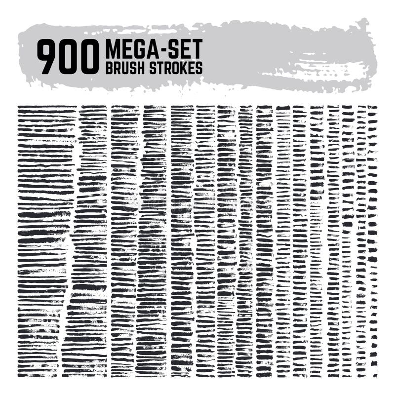 Dirty inked brushstroke vector mega super set. 900 paint brushes collection. Grunge black texture strokes