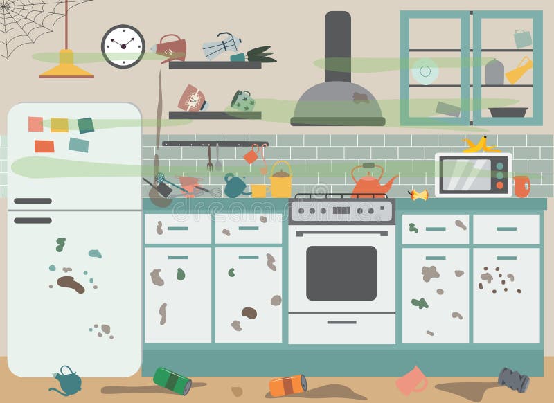 Dirty Messy Kitchen with Stained Furniture Flat Cartoon Vector Illustration. Stock Vector - Illustration of equipment, cupboard: 199397856 Dirty Messy Kitchen with Stained Furniture Flat Cartoon Vector Illustration. Stock Vector - Illustration of equipment, cupboard: 199397856