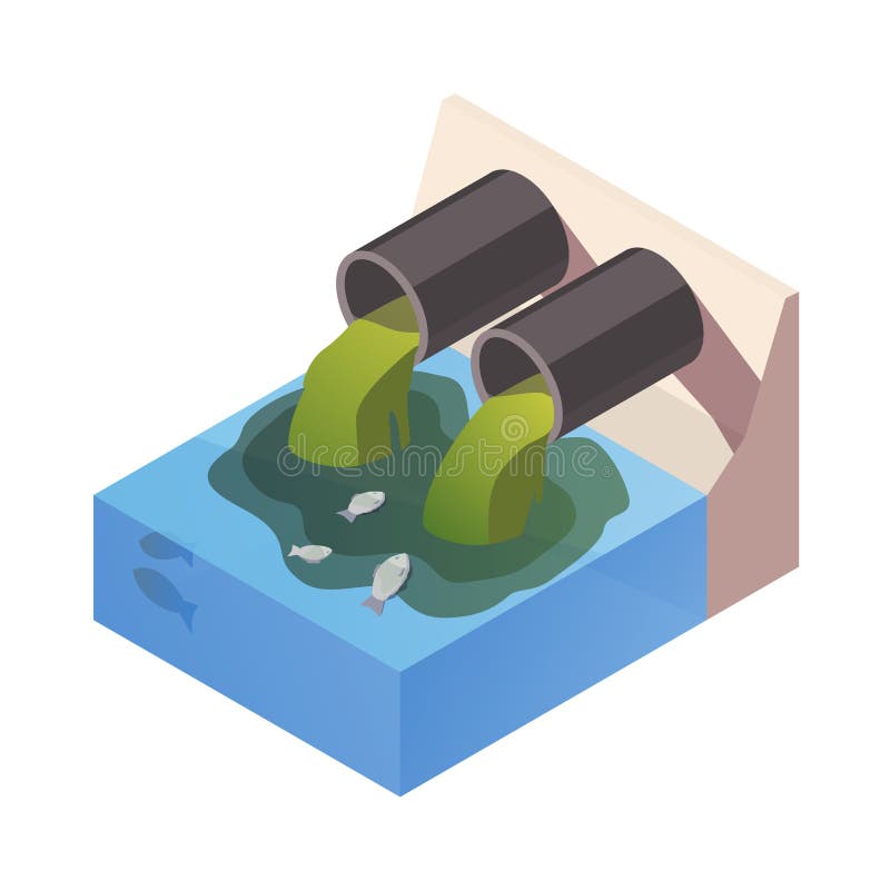 Dirty Water drain from the pipe polution the river, ocean. Water pollution concept. The danger for the environment. Flat vector illustration