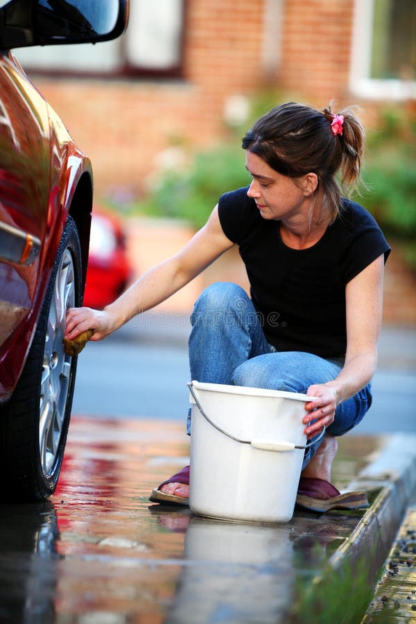 Woman Washing Car Stock Photo