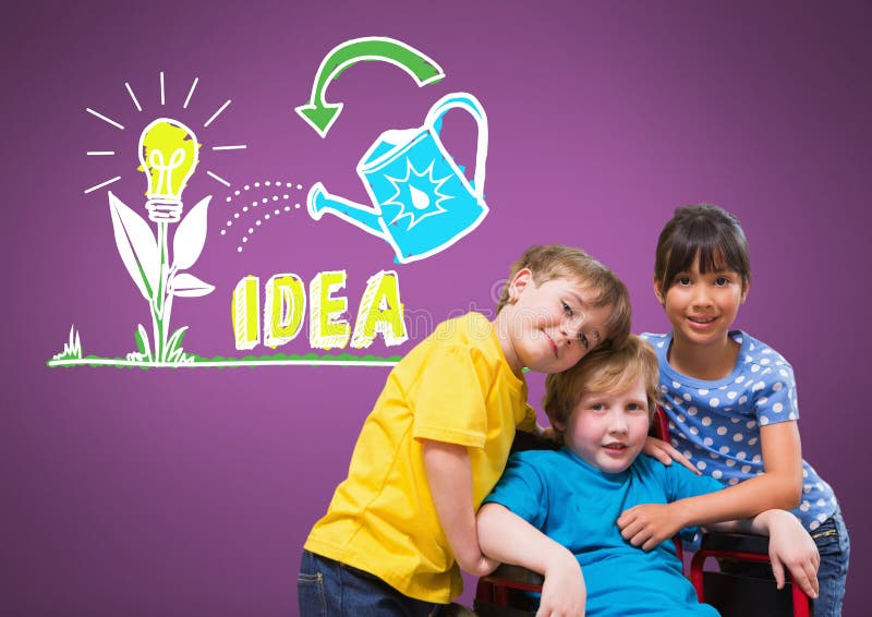 Disabled boy in wheelchair with friends with idea graphics stock images Disabled boy in wheelchair with friends with idea graphics stock images