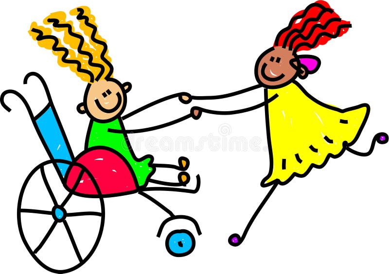 Una ragazzina in sedia a rotelle e un etnica ragazza con un apparecchio acustico a suonare insieme del bambino di serie art.