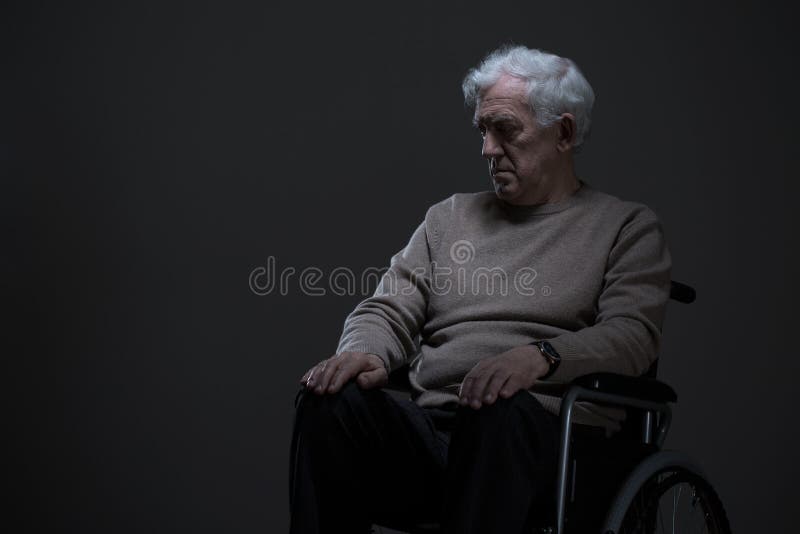 Disabled old man sitting on a wheelchair in empty room. Problem wrinkle stock images, royalty-free photos and pictures