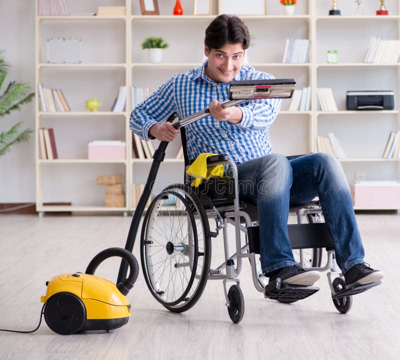 Disabled Man Cleaning Home with Vacuum Cleaner Stock Image Image of