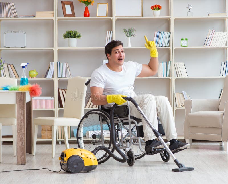 Disabled Man with Vacuum Cleaner at Home Stock Image Image of