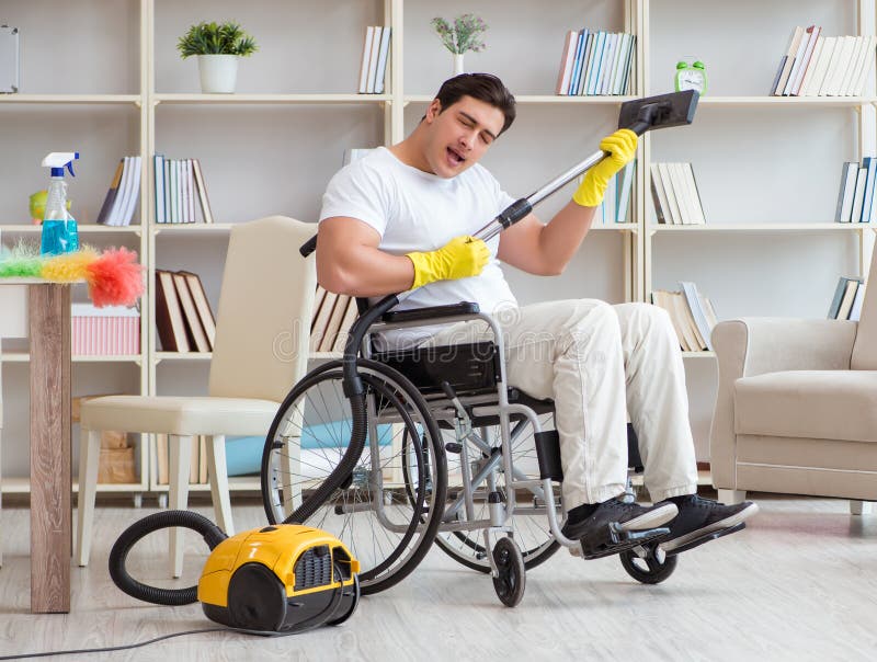 Disabled Man with Vacuum Cleaner at Home Stock Photo Image of