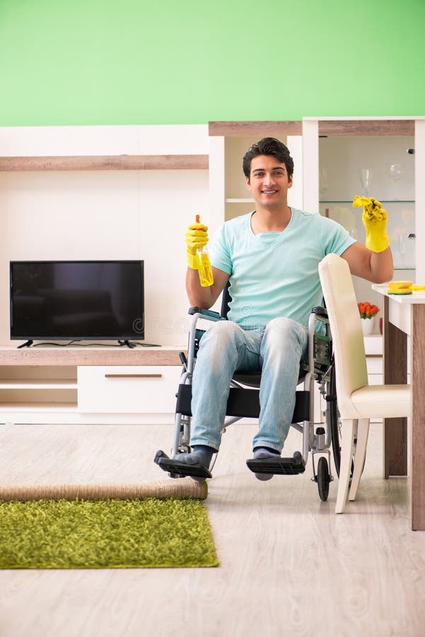 The Disabled Man on Wheelchair Cleaning House Stock Image Image of