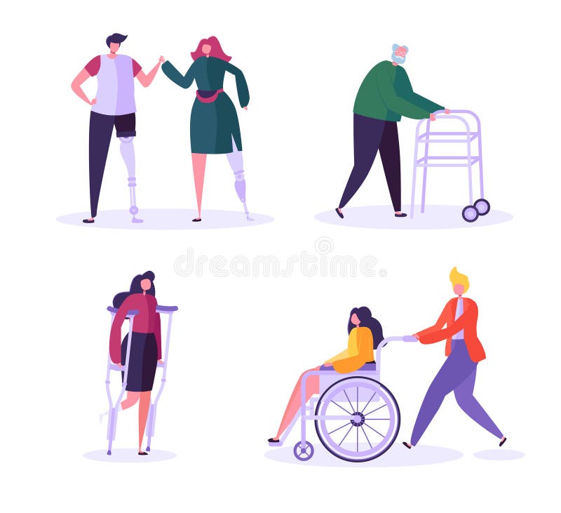 Disabled People Characters. Woman in Wheelchair with Careful Man. Patients with Disabilities, Girl on prostheses stock illustration Disabled People Characters. Woman in Wheelchair with Careful Man. Patients with Disabilities, Girl on prostheses stock illustration