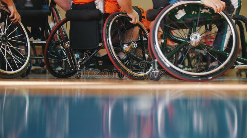 Disabled wheelchair basketball team practice playing stock video footage