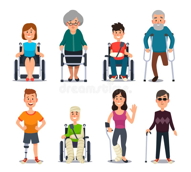Disablement osoba Niewidomi inwalidzcy ludzie i starsze osoby na szczudłach lub wózku inwalidzkim Niepełnosprawny charakter dla m