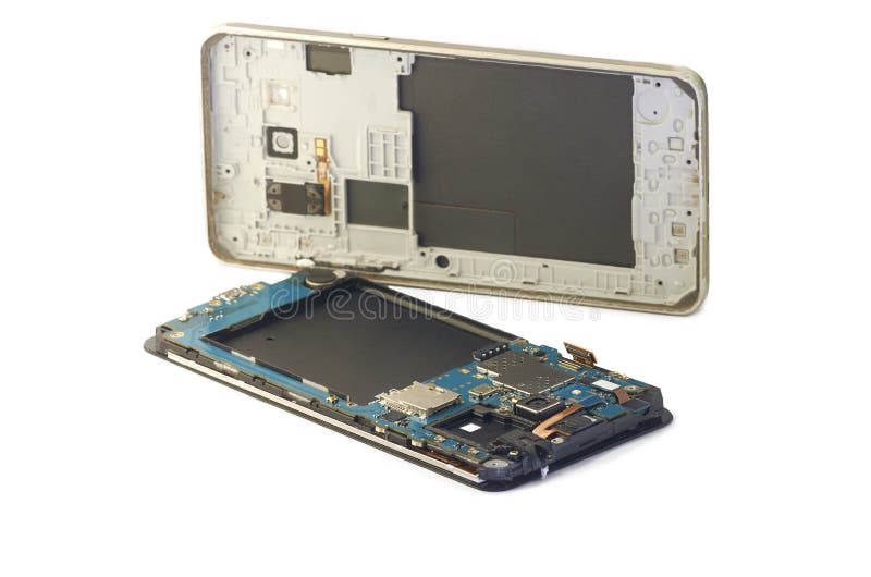 Disassembly of smartphone showing electrical board inside. The p royalty free stock images