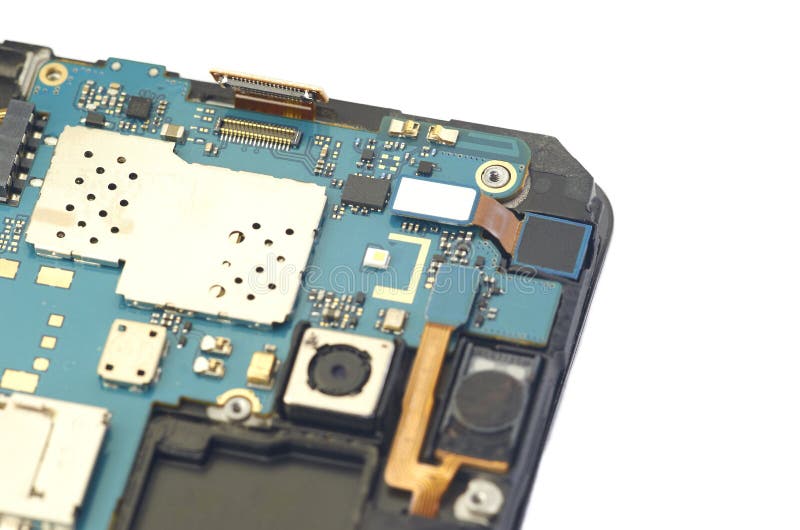Disassembly of smartphone showing electrical board inside. The p stock photo