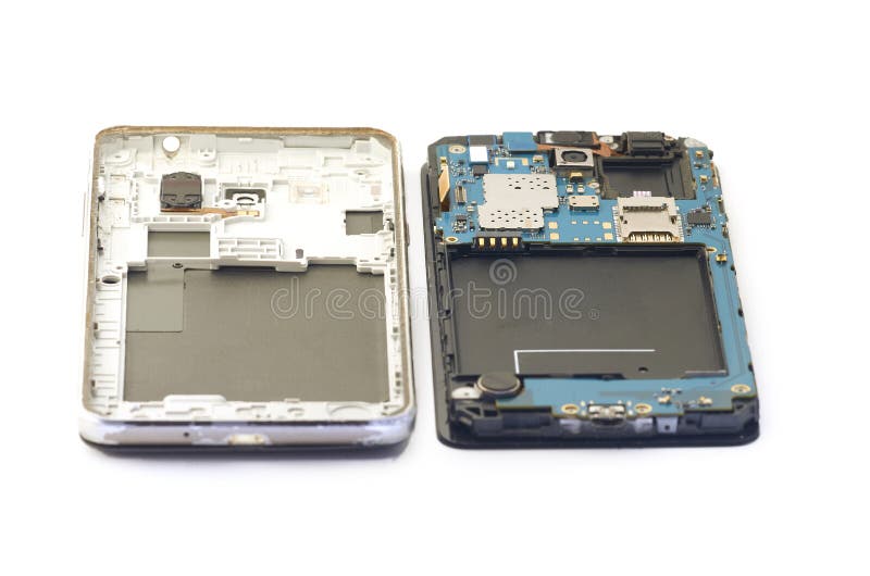 Disassembly of smartphone showing electrical board inside. The p royalty free stock image