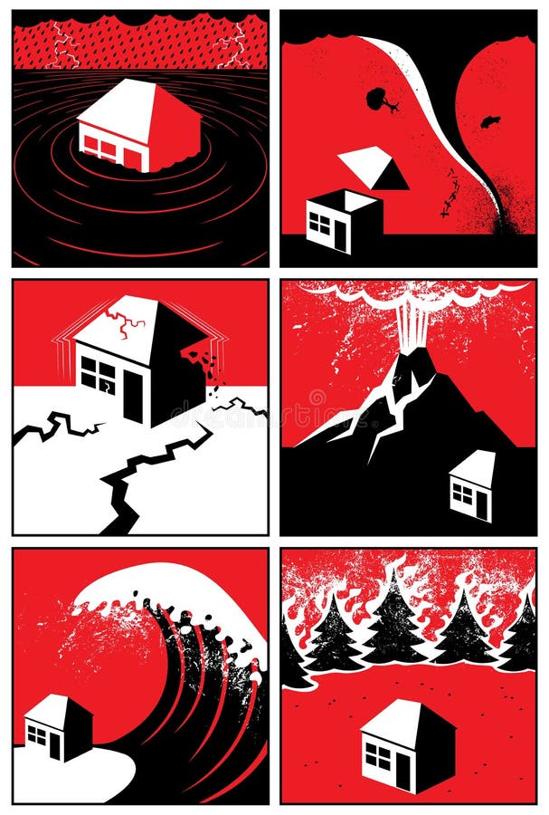 Set of 6 illustrations/icons of natural disasters. No transparency and gradients used. Set of 6 illustrations/icons of natural disasters. No transparency and gradients used.