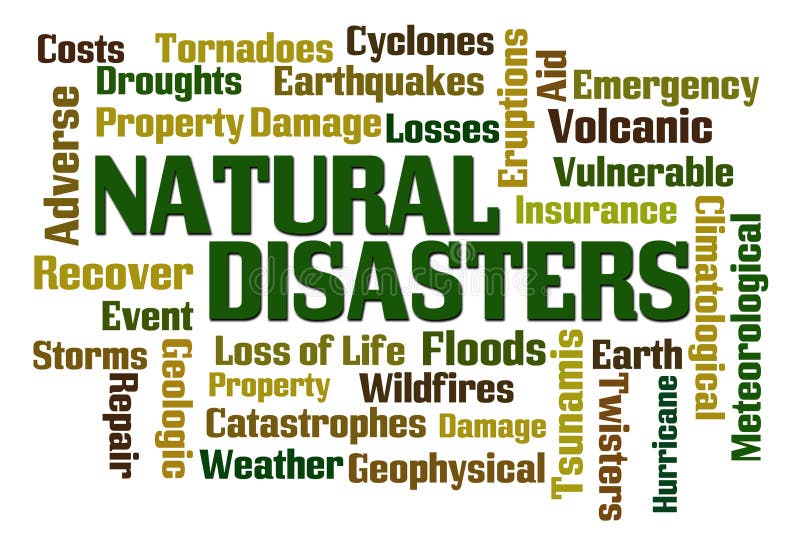 Natural Disasters word cloud on white background. Natural Disasters word cloud on white background