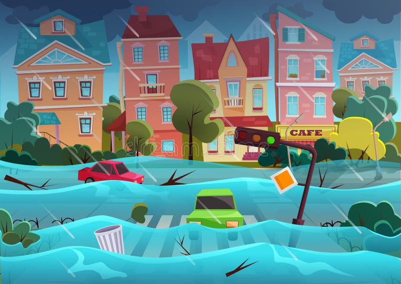 Flood natural disaster in cartoon city concept. City floods and cars with garbage floating in the water. Storm city landscape background for poster or card. Flood natural disaster in cartoon city concept. City floods and cars with garbage floating in the water. Storm city landscape background for poster or card