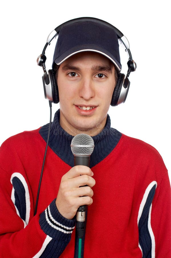 Disc jockey with headphones and microphone