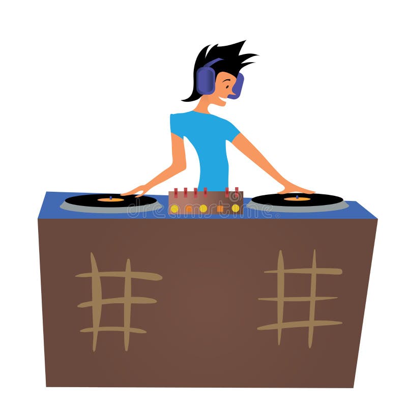 discjockey för ung man som spelar musik bak däcken Vektorillustration som isoleras på white stock illustrationer discjockey för ung man som spelar musik bak däcken Vektorillustration som isoleras på white stock illustrationer