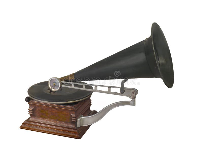 Grammofono D'annata Con Le Note Musicali Dell'oro Isolate Su Bianco