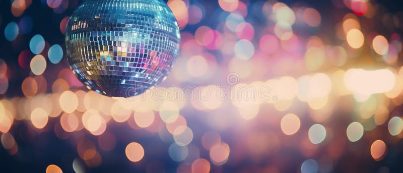 Disco ball with bokeh background. Close-up horizontal blurred background with blank space. AI generative AI generated