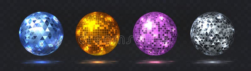 Disco balls. Night club party element with mirror surface, silver and golden dance club light effect. Vector retro stock illustration Disco balls. Night club party element with mirror surface, silver and golden dance club light effect. Vector retro stock illustration