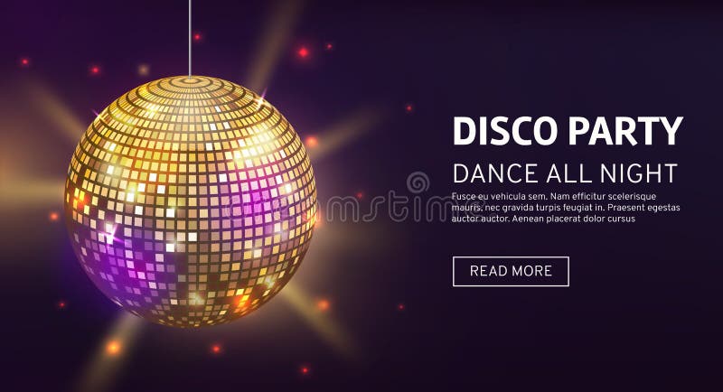 Disco banner. Mirrorball party disco ball invitation card celebration fashion partying poster template dance club stock illustration Disco banner. Mirrorball party disco ball invitation card celebration fashion partying poster template dance club stock illustration