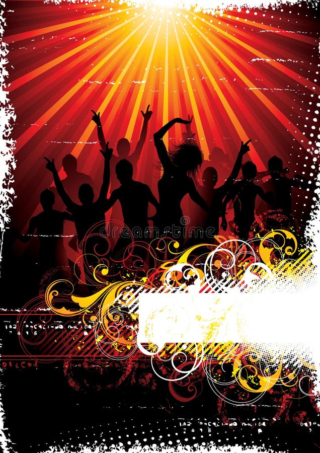 Un poster illustrato di stagliano discoteca ballerini sotto la luce luci del palcoscenico.