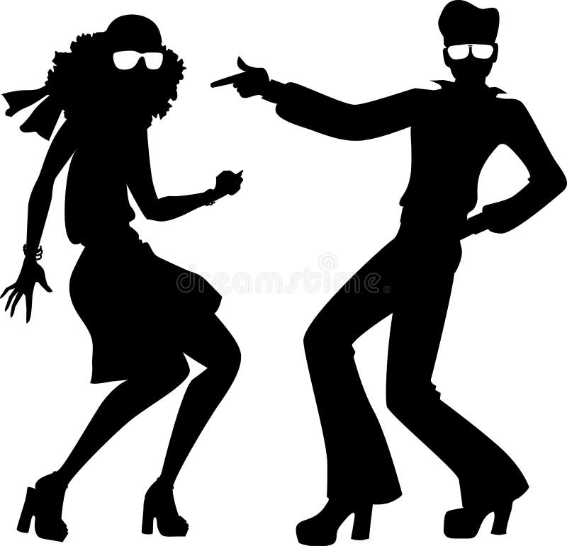 Black isolated silhouette of a couple dressed in 1970s fashion dancing disco, vector illustration. Black isolated silhouette of a couple dressed in 1970s fashion dancing disco, vector illustration