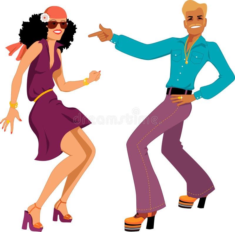 Young Caucasian couple dressed in 1970s fashion dancing disco, vector illustration, isolated on white, no transparencies, EPS 8. Young Caucasian couple dressed in 1970s fashion dancing disco, vector illustration, isolated on white, no transparencies, EPS 8