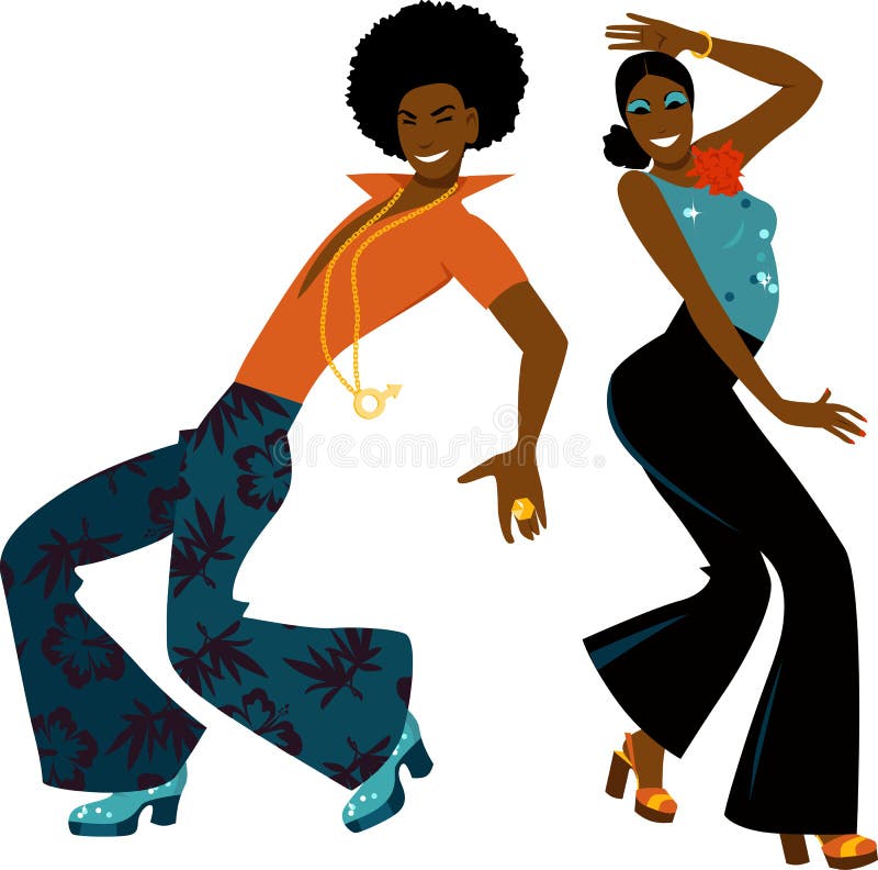 Young couple dressed in 1970s fashion dancing disco, EPS 8 vector illustration. Young couple dressed in 1970s fashion dancing disco, EPS 8 vector illustration