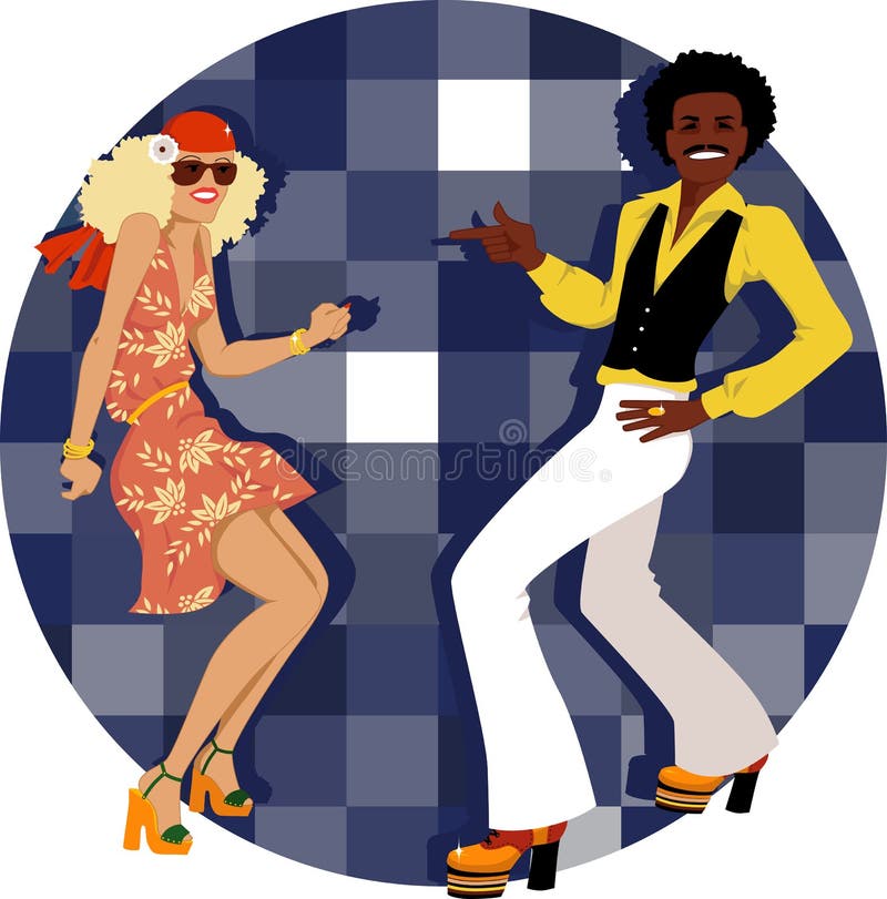 Young couple dressed in 1970s fashion dancing disco, vector illustration, no transparencies, EPS 8. Young couple dressed in 1970s fashion dancing disco, vector illustration, no transparencies, EPS 8