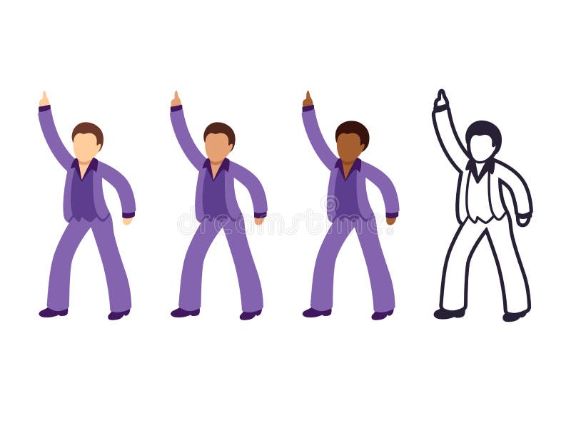 Disco dancing man emoji set with different skin tone color and black and white line icon. Isolated vector illustration collection