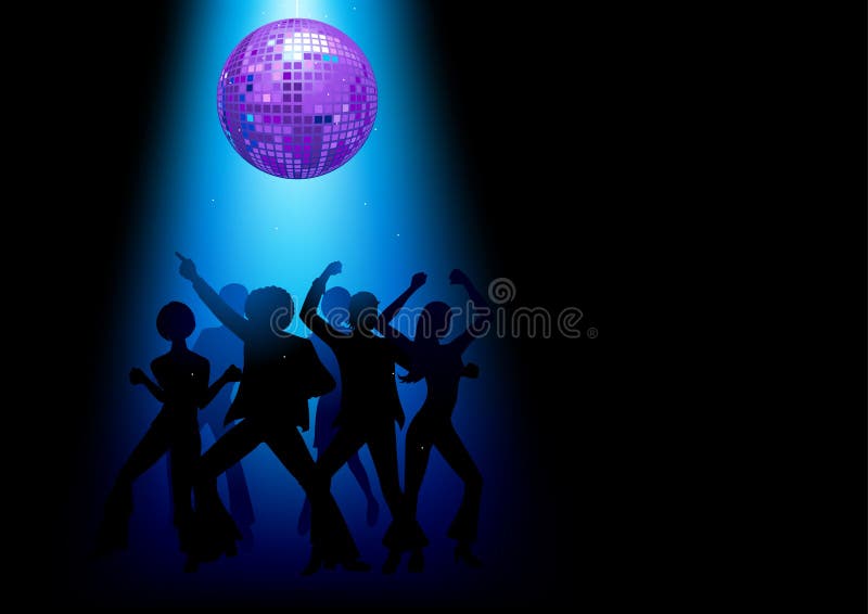 Disco dancing people silhouette with decorative disco ball