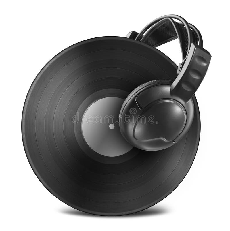 Disco del expediente de negro vinilo con los auriculares aislados en blanco fotografía de archivo libre de regalías Disco del expediente de negro vinilo con los auriculares aislados en blanco fotografía de archivo libre de regalías