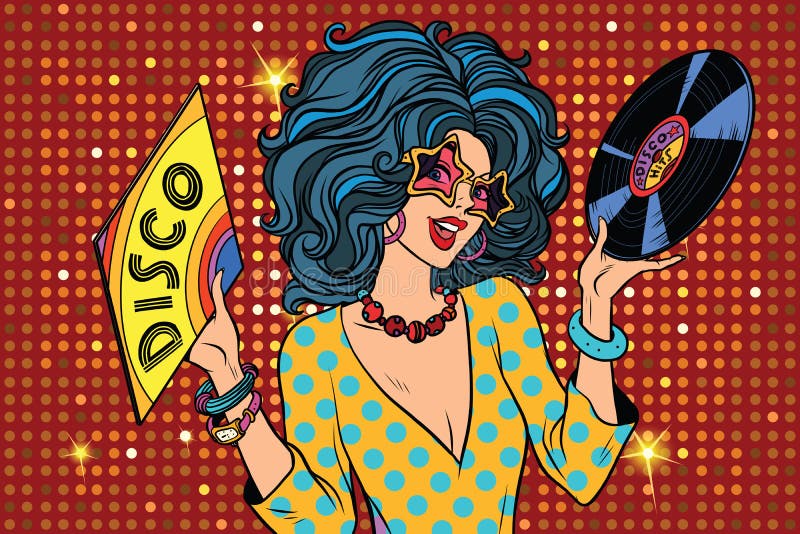 Disco diva retro lady. Pop art vector illustration. Girl with a vinyl record