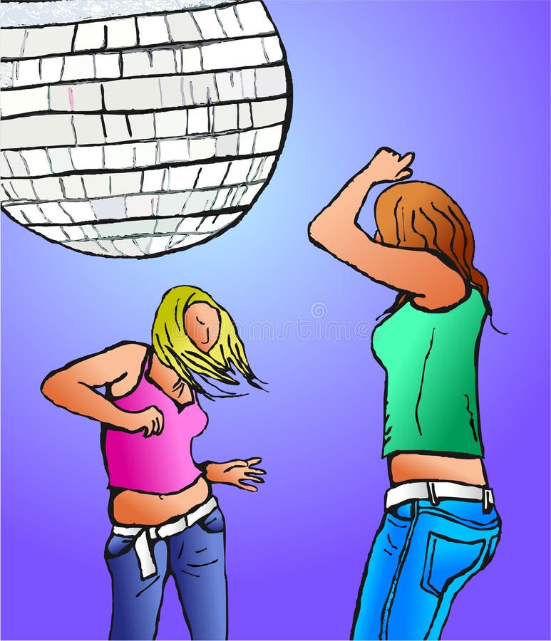 Two young women dancing together under a disco ball. Two young women dancing together under a disco ball