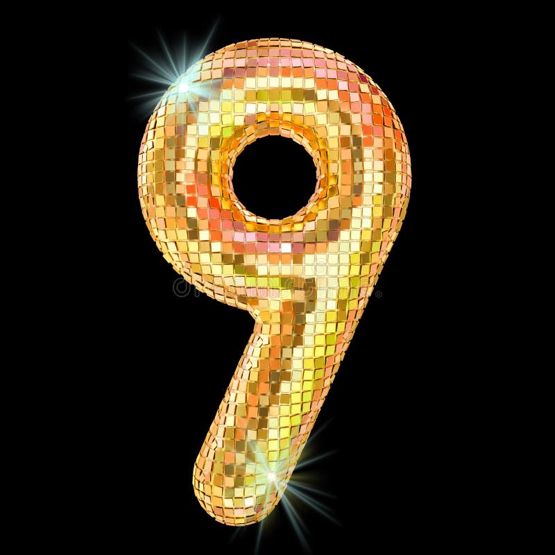 Disco font, number 9 from golden glitter mirror facets. 3D rendering stock illustration