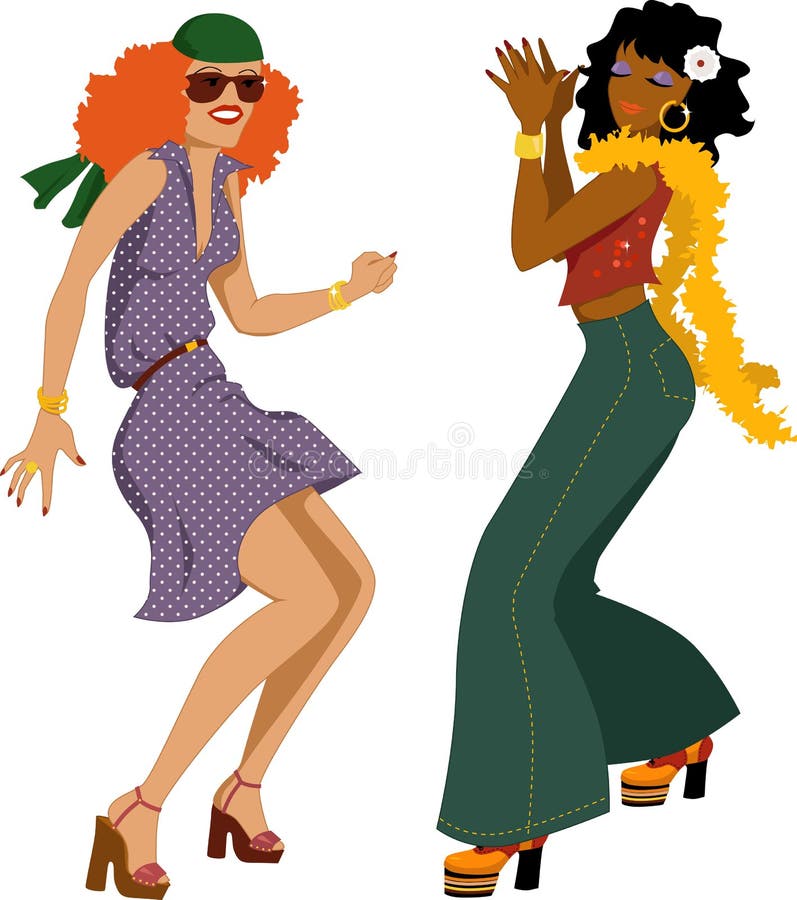 Two young woman dressed in 1970s fashion dancing disco, vector illustration, isolated on white, no transparencies, EPS 8. Two young woman dressed in 1970s fashion dancing disco, vector illustration, isolated on white, no transparencies, EPS 8