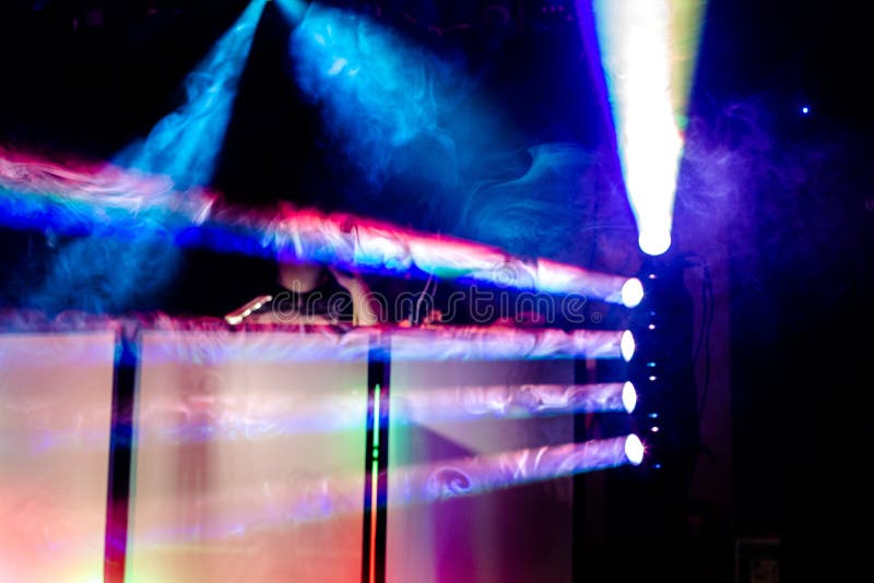 Disco party colourful spotlights and smoke at DJ station royalty free stock photo Disco party colourful spotlights and smoke at DJ station royalty free stock photo