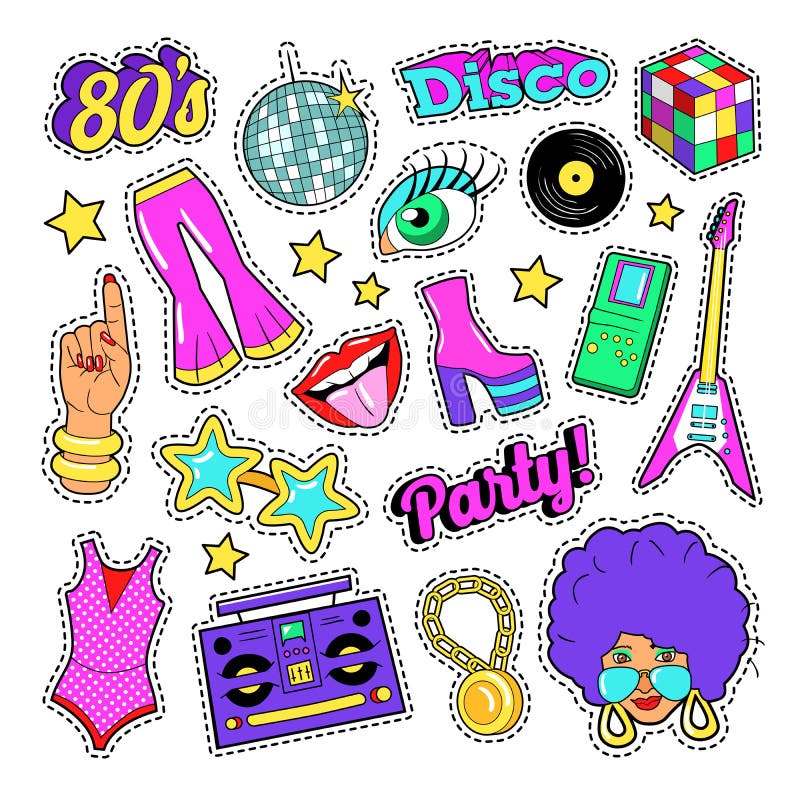 Disco Party Retro Fashion Elements with Guitar, Lips and Stars for ...