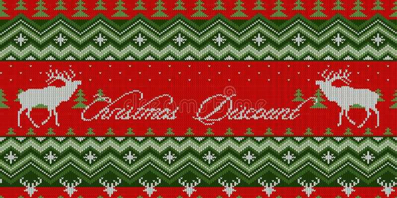 Disconto do Natal Teste padrão feito malha sem emenda do estilo escandinavo com cervos em um fundo vermelho ilustração royalty free Disconto do Natal Teste padrão feito malha sem emenda do estilo escandinavo com cervos em um fundo vermelho ilustração royalty free