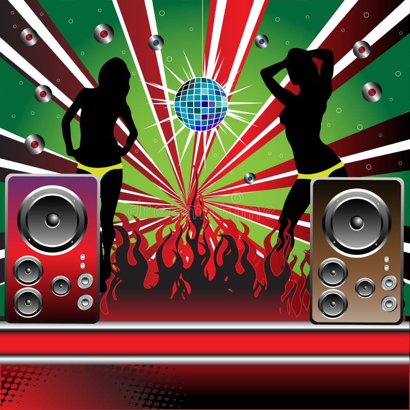 Colorful background with loudspeakers, mirrorball, burning fire and two female silhouettes dancing. Colorful background with loudspeakers, mirrorball, burning fire and two female silhouettes dancing