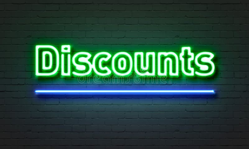 Discounts neon sign on brick wall background.