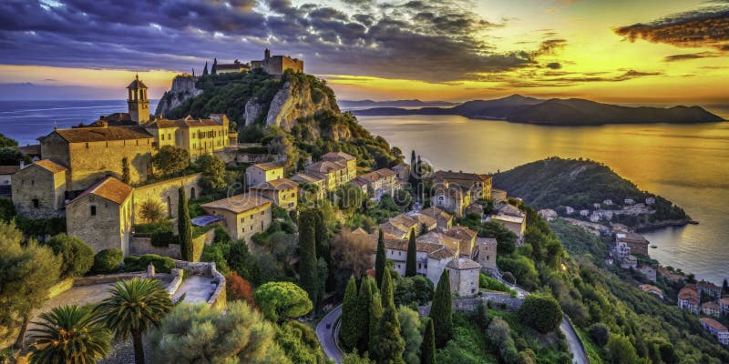 Discover the Enchanting Hilltop Village of Eze Stunning Panoramic Views of the French Rivieras Mediterranean Coastline royalty free illustration