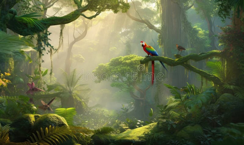 Discover the exotic beauty of parrots in the rainforest Creating using generative AI