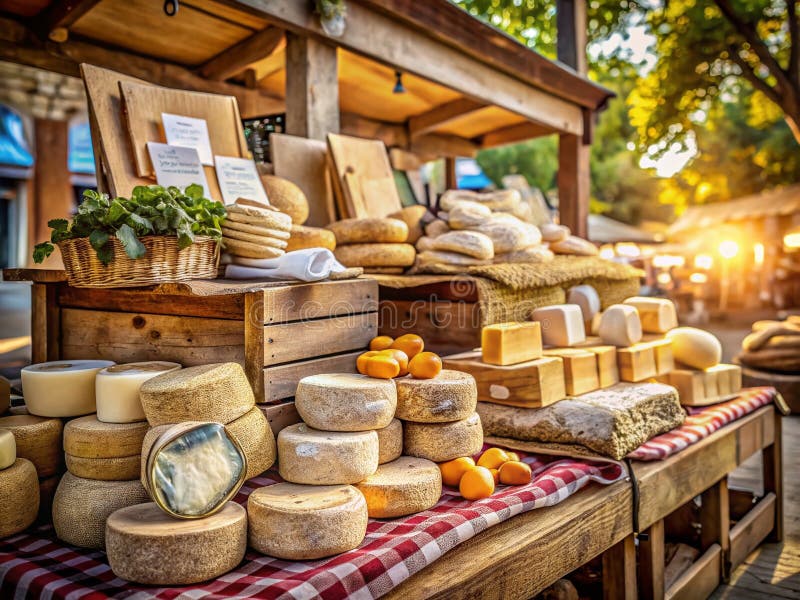 Discover Exquisite Handcrafted Cheeses at a Rustic Artisan Market Stall Wrapped in Natural Materials for a Unique royalty free illustration