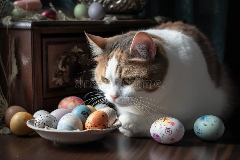 Enchanting Easter Cat Cuddling Easter Egg Toys in a Cosy Cabin (AI