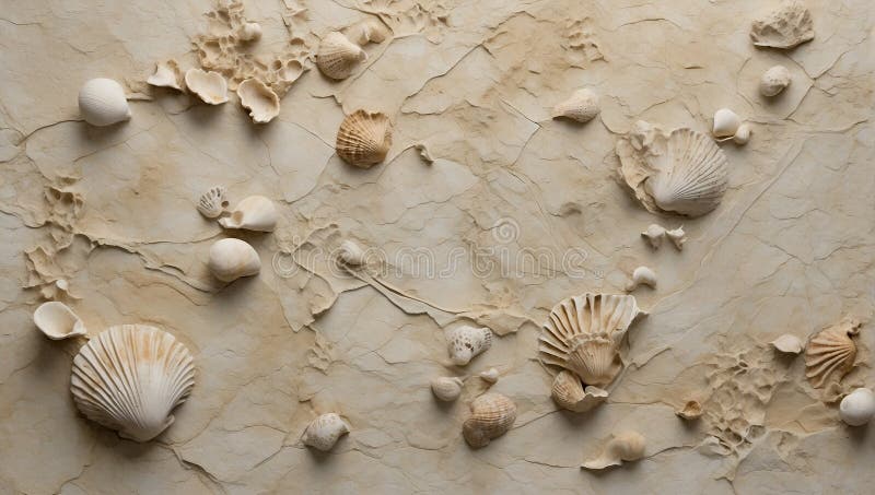Scoprire resti costa Questo calcare tela, presente conchiglia Schermo pietrificato resti da antico marino creature.